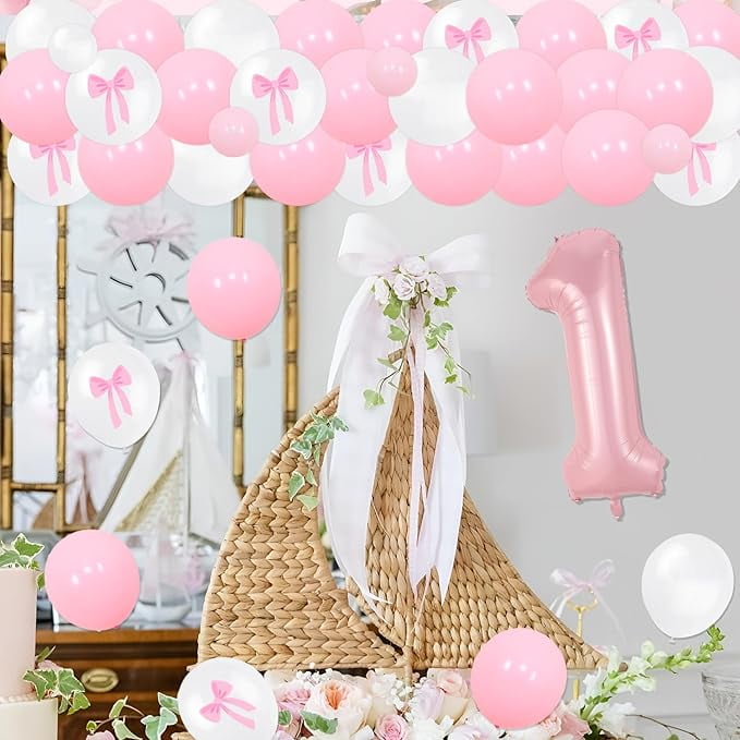 72PCS Pink Bow Princess 1st Birthday Decoration - Bow Garland Arch Kit Our Sweet Little Girl Is Turning One Backdrop Pink Bow Number 1 Foil Balloon for Baby Princess Girl 1st Birthday Party Supplies