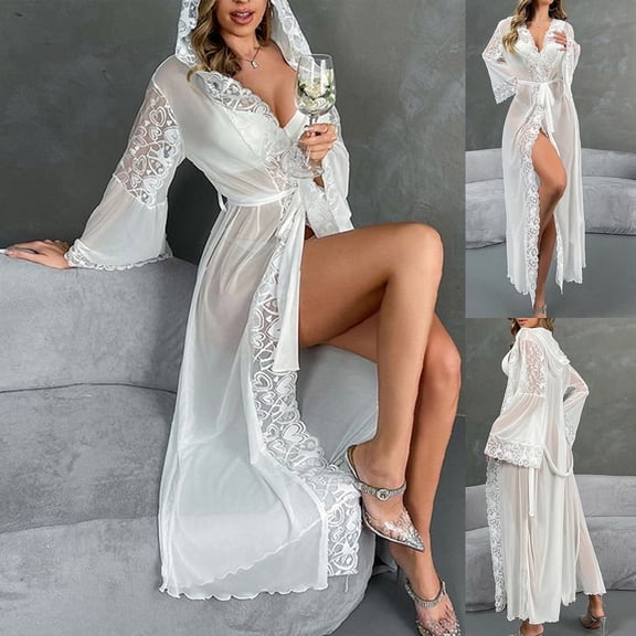 SwiftWear Women's Elegant Hooded Lace Robe Lightweight Long Chiffon Robe ​with Heart Details, Special Occasion Gifts for Her​, White