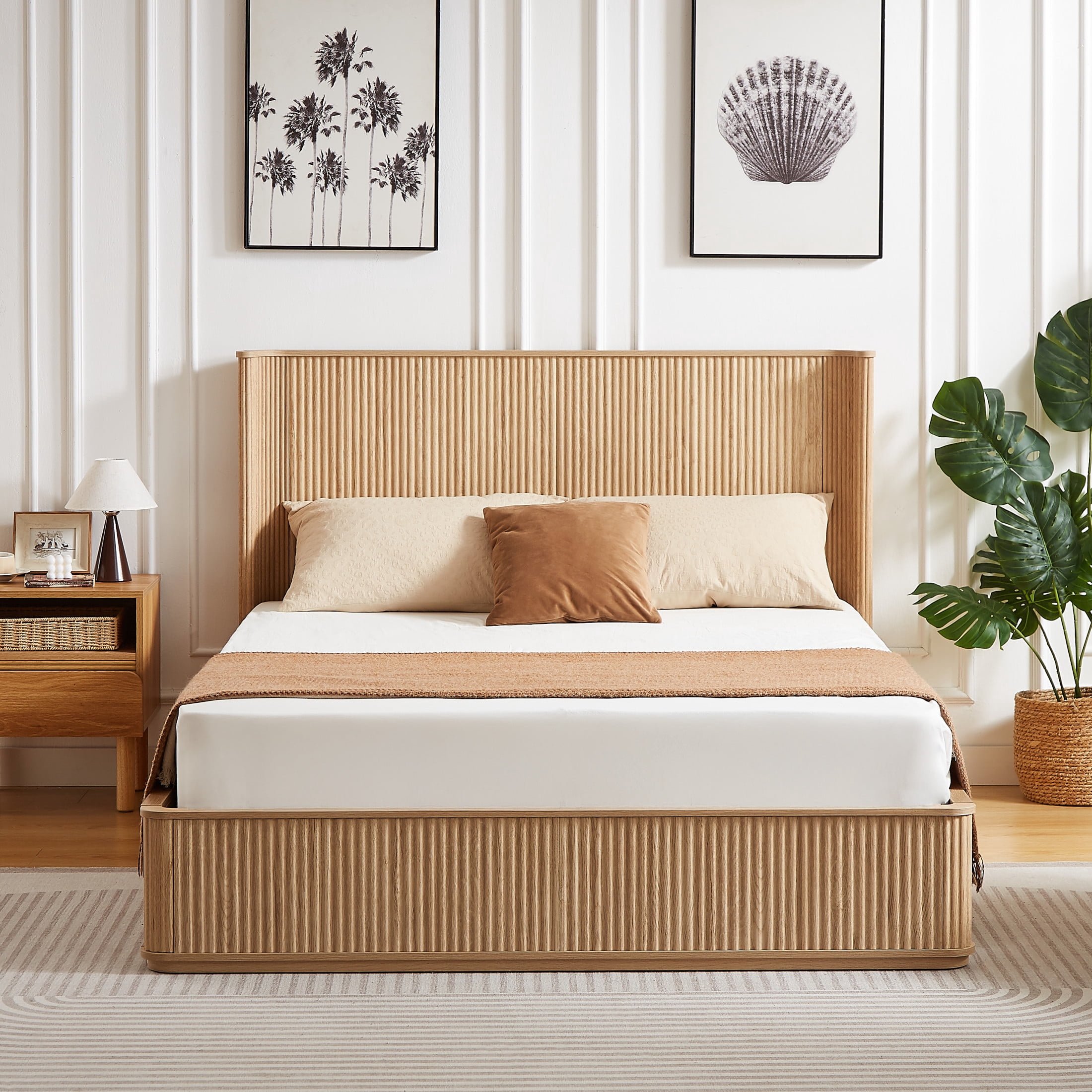 Noble House Queen Platform Bed Frame with 44.49"H Curved Headboard, Wood Slat Support, Oak