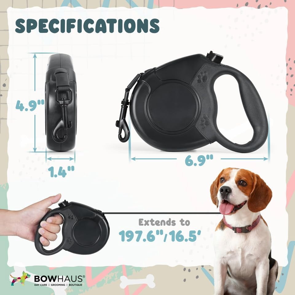 BOWHAUS Heavy Duty Retractable Dog Leash with One-Handed Brake, Pause, Lock, No Noise Pet Walking Leash for Tangle-Free Dog Walking, Not Easy to Jam, with Non-Slip Handle