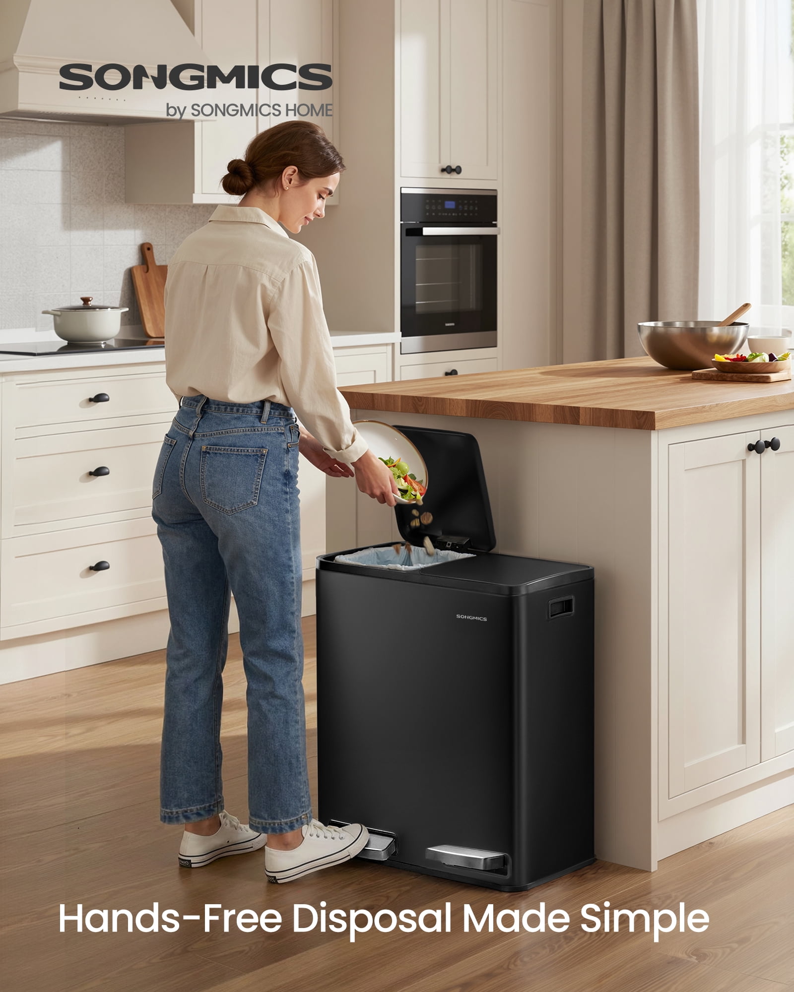 SONGMICS Trash Can, 2 x 8 Gallon (2 x 30 L) Double Compartment Garbage Can for Recycling, Stainless Steel, with 15 Liner Bags, Pedals, Black