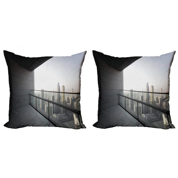 Ambesonne Grey Throw Pillow Cover 2 Pack, Dubai Cityscape, 16", Charcoal Grey and White