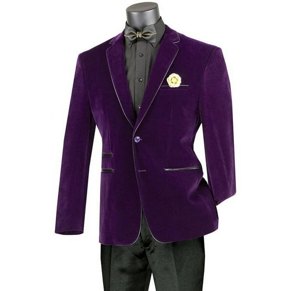 Mens 2 Button Velvet Blazer in Purple with Black leather Piping Trim