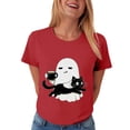 thumbnail image 6 of COMVALUE Ghost Cat Mug Illustration Wear T Shirt, Cute Cartoon Ghost Cat Graphic Shirt, Trick Treat Party Tee (Red, L), 6 of 9