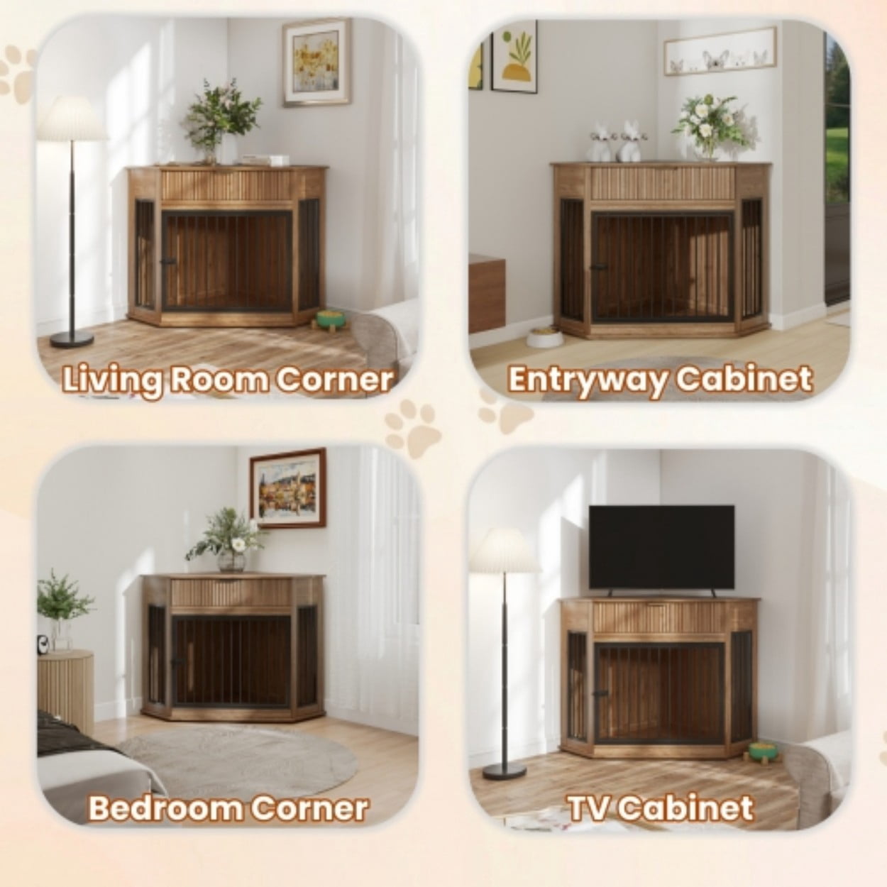 Corner Dog Crate Furniture for Small & Medium Dogs, MDF Kennel End Table with Fluted Drawer Storage, Space-Saving Indoor Dog Cage Cabinet, Natural Walnut