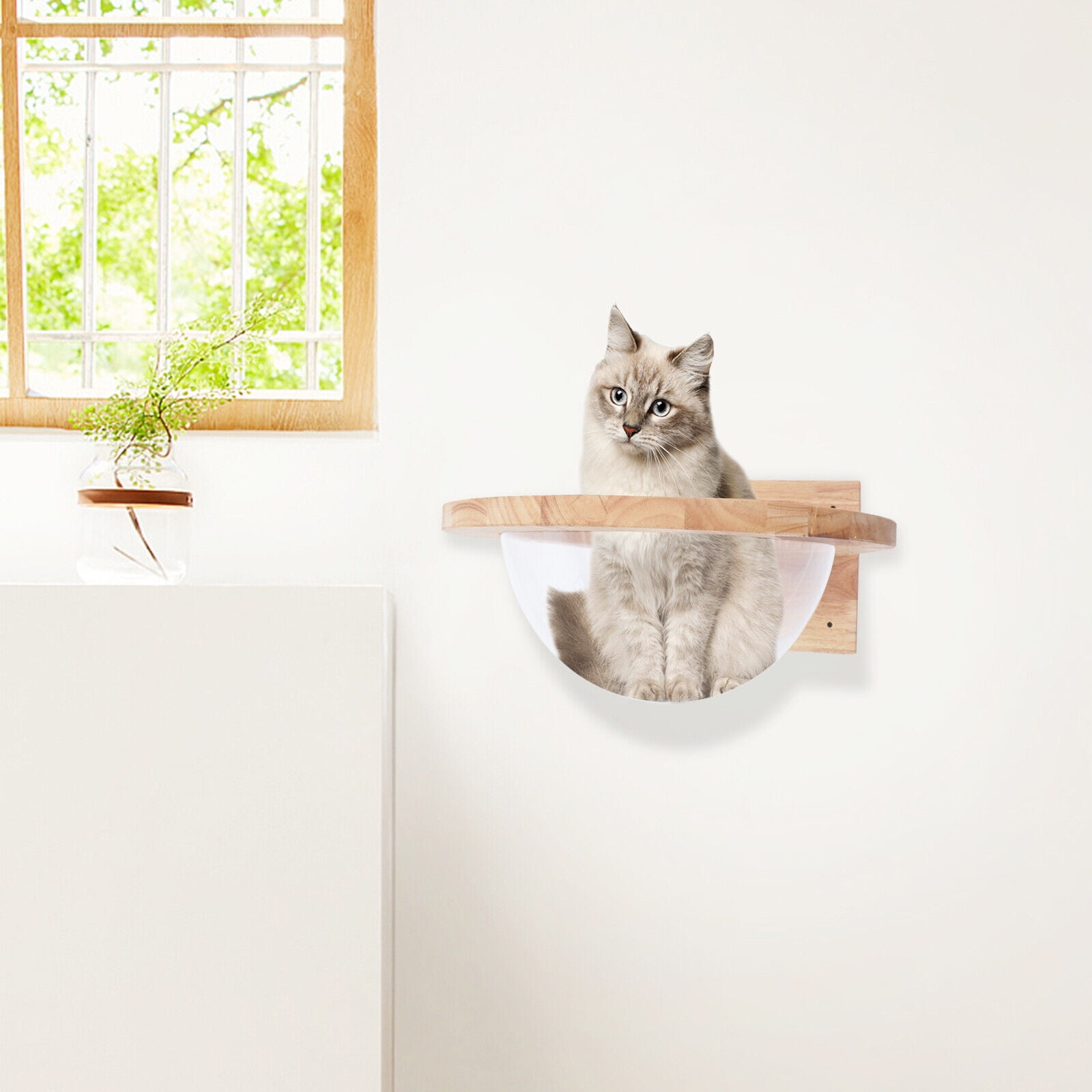 Wall Mounted Wood Cat Perches with Clear Bottom and Base, Cat Sleeping Shelf Bowl 17.72*11.81*7.09in
