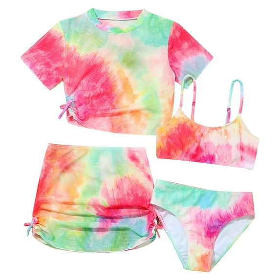 SUYIDA Ruffle Butts Girls Swimsuits Ribbed Bikini Bottoms Tie-Straps Tankini Set 3 Pieces Tropical Floral Girls Bathing Suits Size 7-8