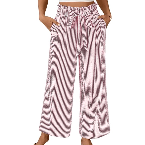 Casual Pants for Women Striped Elastic Drawstring Waist Straight Wide Leg Pants with Pockets