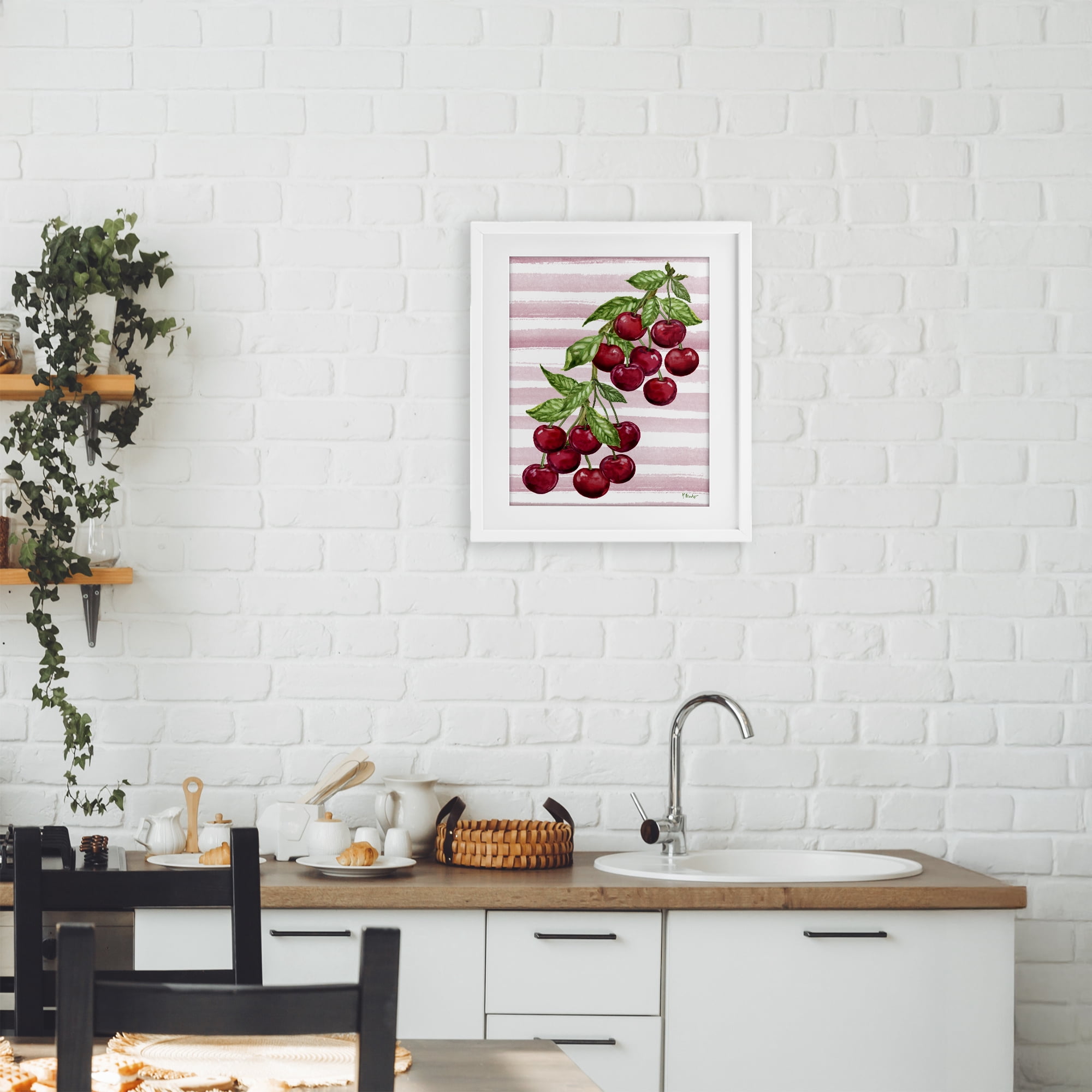 Stupell Industries Juicy Cherry Vine on Stripes White Framed Print Under Glass, design by Paul Brent