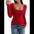 thumbnail image 3 of Camisas de Larga para Mujer, Cuello Cuadrado, Tops Cortos de Punto Acanalado, Conjuntos de Otoño, Ropa de Moda Rojo L, 3 of 10