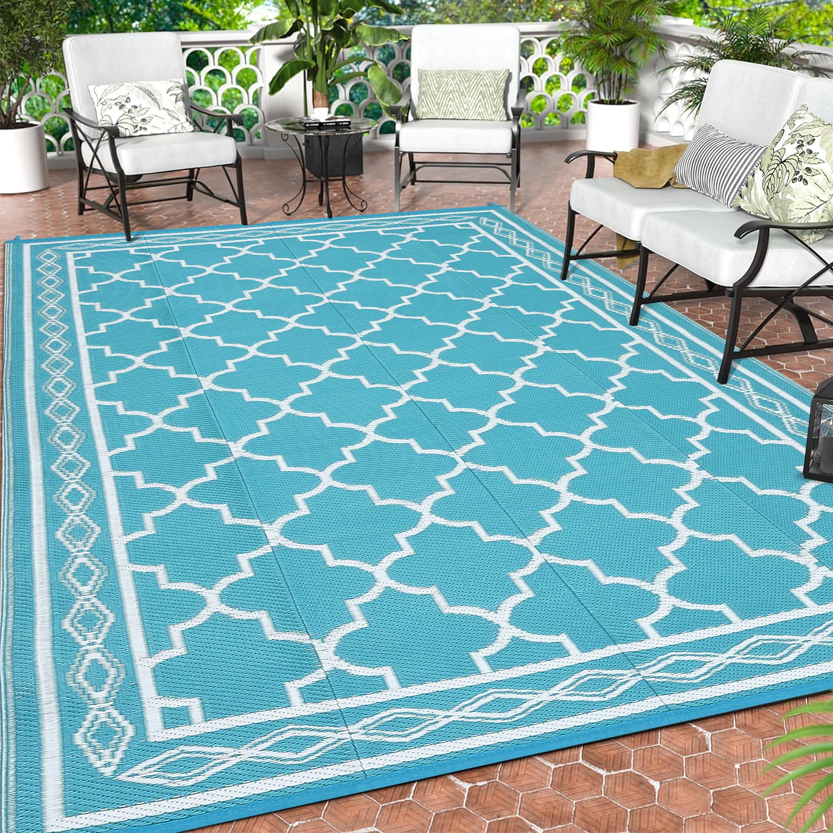 EastVita Area Rugs Carpets Outdoor Rug for Patios Waterproof Reversible Rug Geometric Rug LightRug Plastic Straw Outdoor Rug Light blue/white 9*18ftA