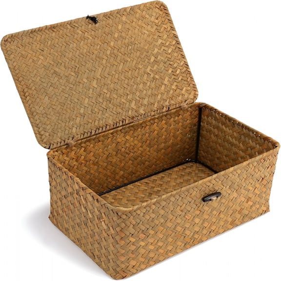 XIBUFE Small Basket with Lid,Natural Seagrass Bin with Lid,Shelf Baskets Multipurpose Container for Boho Decoration,Rectangular Household Storage Boxes for Home Organization-Natural