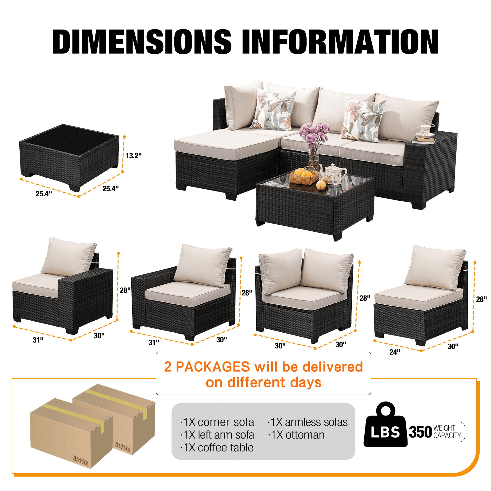 JOYURE 5 Pieces Patio Furniture set All-Weather Outdoor Wicker Sectional Conversation Sofa Rattan patio seating sofa with cushion and Glass Table and Ottoman for Porch Poolside,Beige