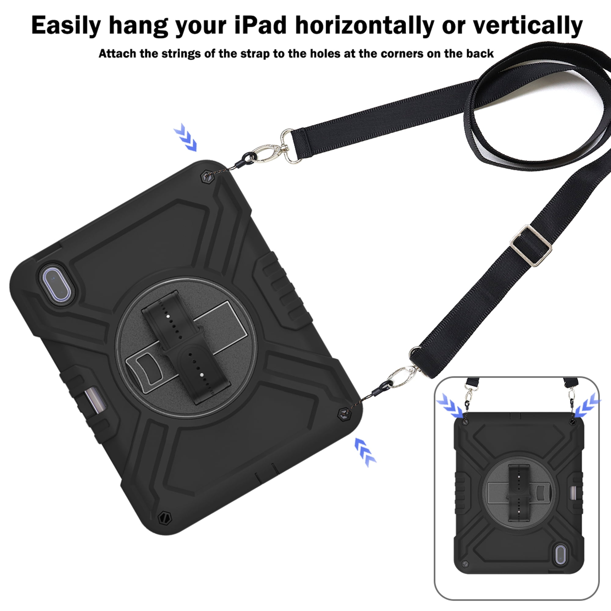 Dteck Kids Case for iPad 10th Generation Case 2022, Military Grade Shockproof Rugged Cover for iPad 10th Gen 10.9 Inch with 360° Swivel Stand - Handle - Shoulder Strap - Pencil Holder,Black