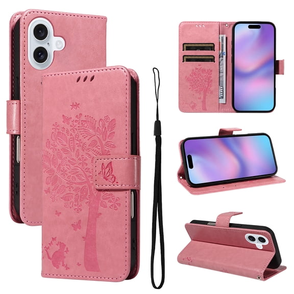 Compatible with iPhone 17 Case Wallet Case with Kickstand Credit Card Holder Slots Cute Cat Butterfly & Tree Embossed Premium PU Leather Protective Phone Case with Wrist Strap,Pink