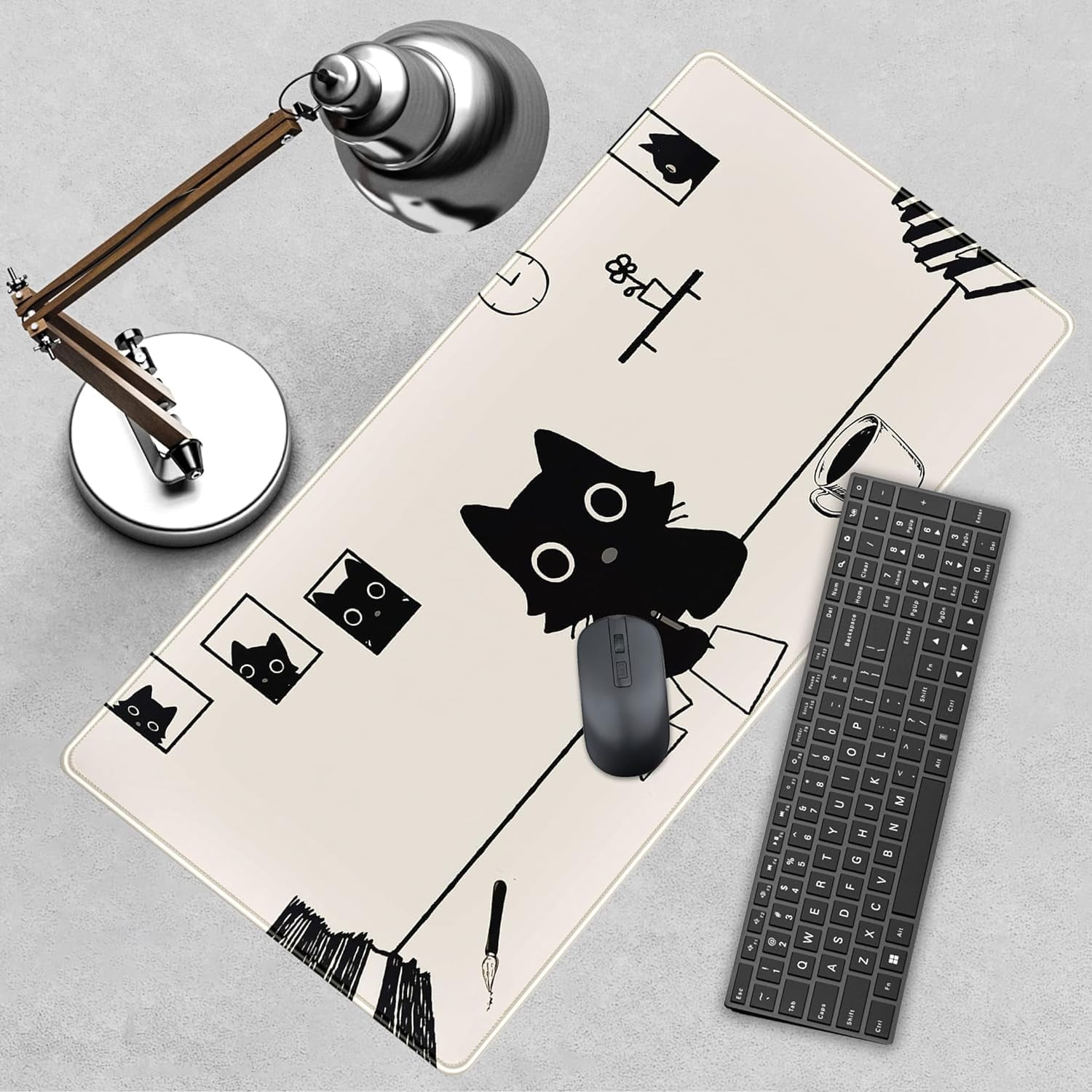 XXL Extended Black Cartoon Cat Mouse Pad Beige Large Minimalist Mousepad Anime Kawaii Big Office Gaming Desk Pads Laptop Keyboard Non-Slip Rubber Mouse Mat(Size:35.4x15.7in)