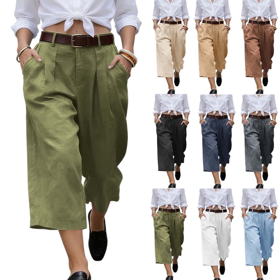 Tqcoqu Cargo Capris for Women,High Waist Wide Leg Pants,Casual Pleated Front Culottes with Pockets,Beige,Women's S-XXXL