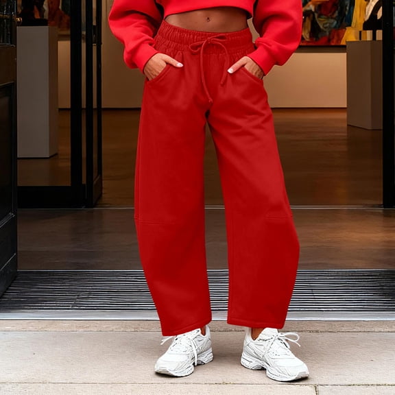 Barrel Sweatpants for Women Casual Baggy Elastic Waisted Pants Wide Leg Gym Trousers with Pockets New Womens Hiking Pants Stretch Red XXL