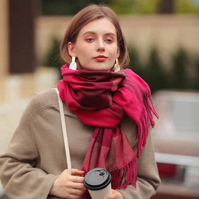 Bufanda Nueva Otoño e Invierno Engrosada Mantener Caliente Cachemira como Bufanda con Estampado a Cuadros Otoño e Invierno Calentador de Cuello para niñas, Rosa