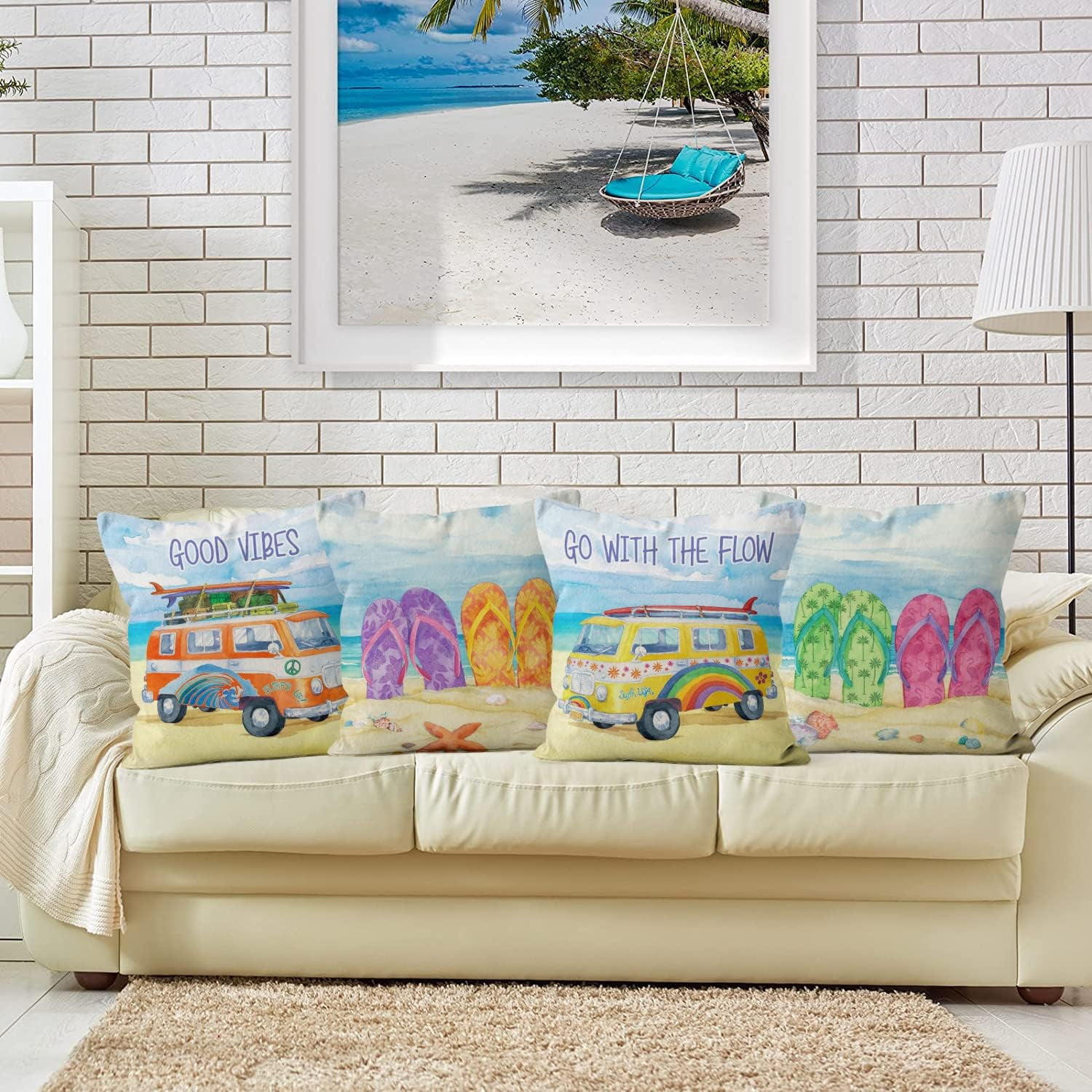 Summer Beach Pillow Covers 20x20 Set of 4, Summer Outdoor Decor Throw Pillow Covers Flip Flops Pillowcase Sea Ocean Cushion Case for Home Living Room Yard