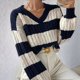 thumbnail image 4 of Suéter Corto de Pescador con Cuello en V y Larga para Mujer, Jersey de Punto Azul y S, 4 of 9