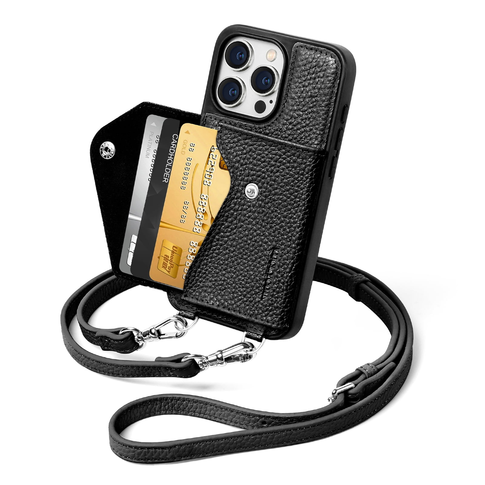 Handmade Genuine Leather Crossbody Wallet Phone Case for Apple iPhone 15 Pro 6.1-Inch,with Strap and Flip Wallet Card Holder,Shockproof Durable Scratch Protective