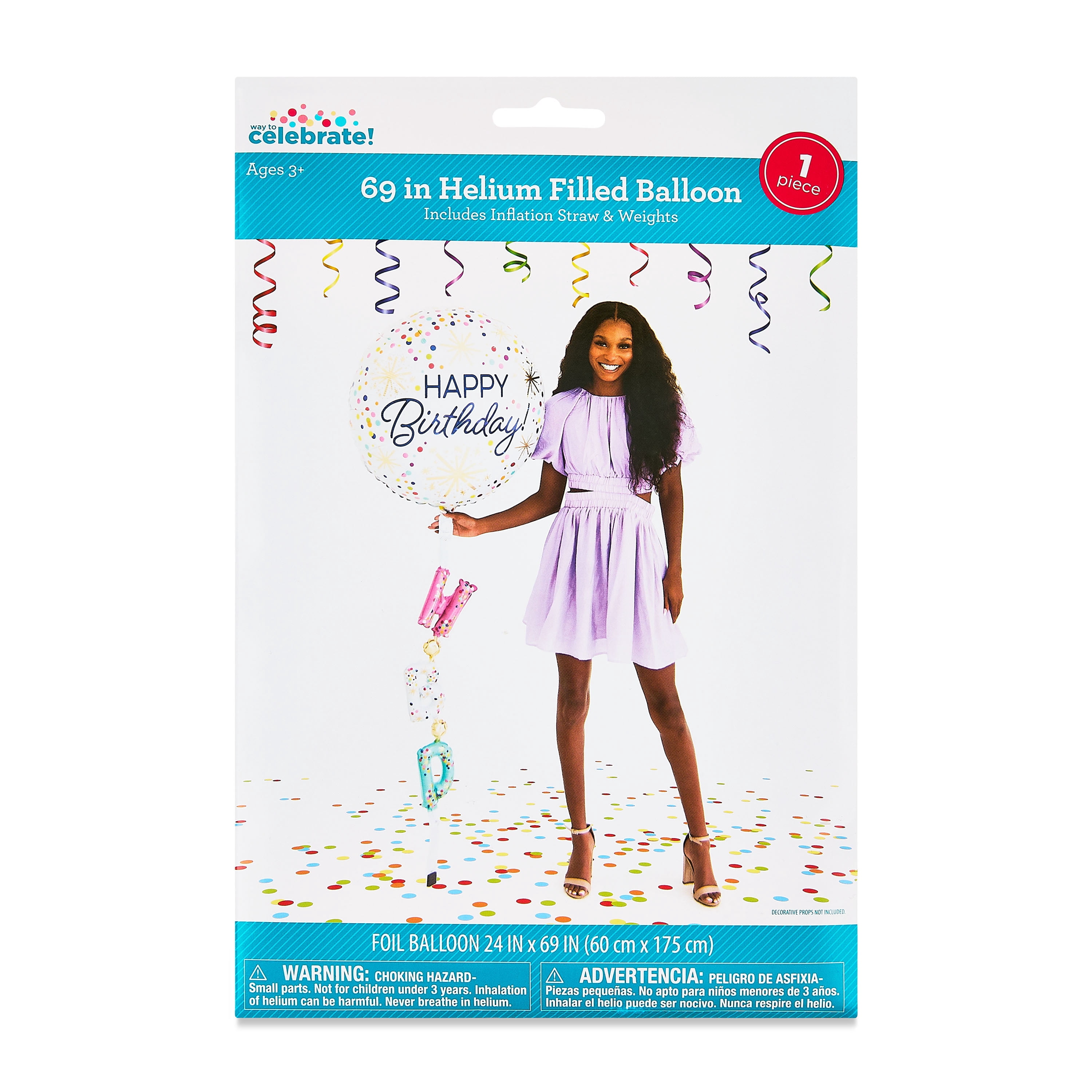 69" Multicolor Confetti Happy Birthday Balloon with Inflatable Tail, by Way To Celebrate