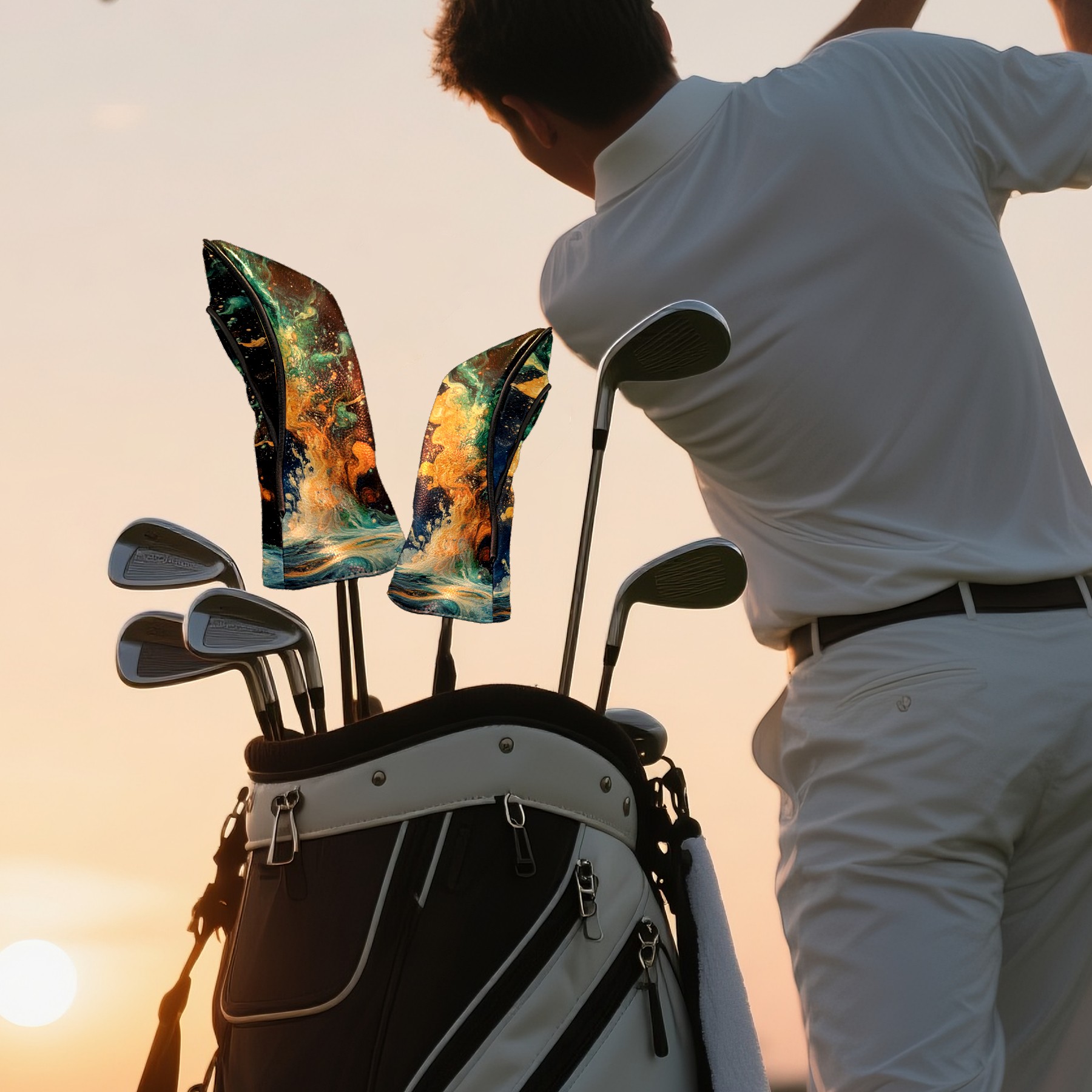 Golf Head Covers - Oil Painting Style Design, Premium Waterproof PU Leather, Plush Lining, Fits Driver/Hybrid, Artistic Golf Gift
