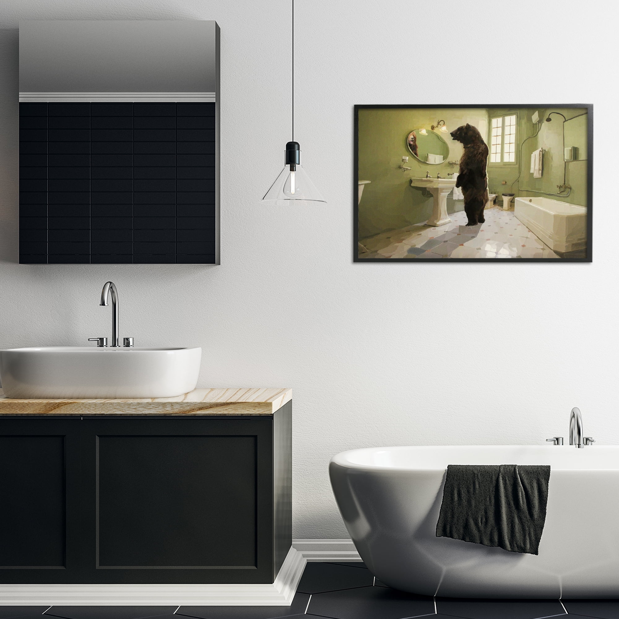The Houseguest Bear in Bathroom Black Framed Giclee Art, design by Keith Thomson