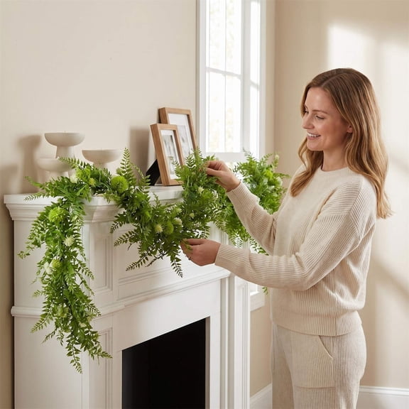 Plastic Artificial Fern Vine Garland 6ft Long - Fake Greenery Hanging Plants for Indoor Outdoor Home Garden Decoration - Leaf Vines for Wall Shelf Office Patio Wedding Backdrop Decor