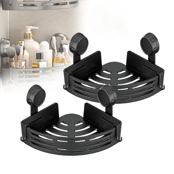 Suction Cup Corner Shower Shelf, 2-Pack Heavy Duty 22 lbs Hold No-Drill Bathroom Organizer with 2 Removable Hooks for Bath & Kitchen