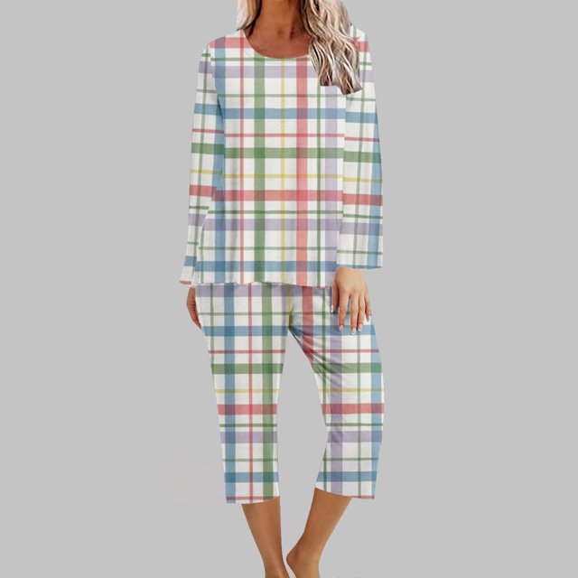 Puntoco Conjunto de capris de manga larga a cuadros con cuello redondo de dos piezas para mujer Puntoco Puntoco-762