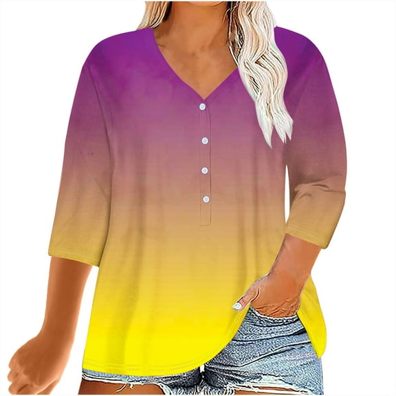YUGYXL Deals Women's 3/4 Length Sleeve Henley Shirts Plus Size Button V Neck Loose Tshirts Oversized Gradient Color Lightweight Comfy Clothes Going Out Cozy Tees