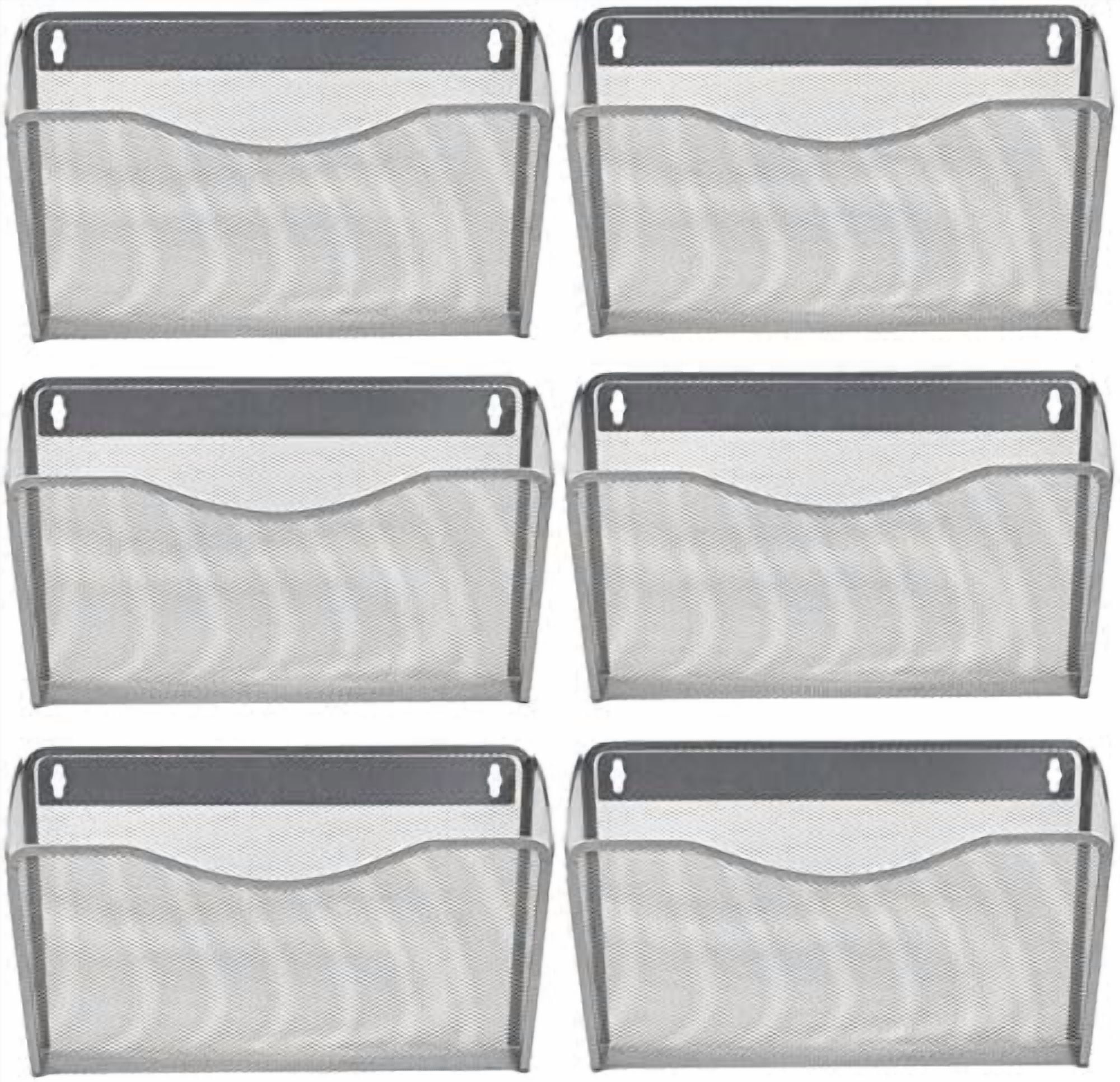 6 Single Pocket Mesh Hanging File Organizer, Vertical Wall Mounted Magazine File Holder, Mount Basket Mail Paper Document Folder Organizing for Office, Home and School, Silver