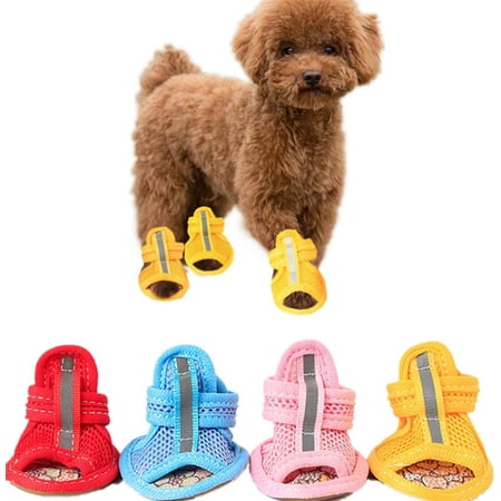 4Pcs Rubber Sole Mesh Cotton Breathable Anti-Skid Pet Shoes Dog Puppy Sandals - Red 4#