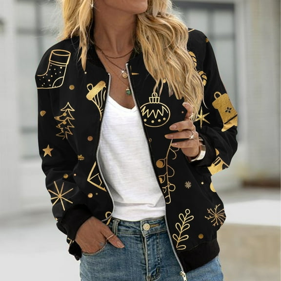 ClodeEU Women's Christmas Print Jacket,Zip Up Long Sleeve Jacket With Pockets,Trendy Christmas Outwear Black,Womens Plus L