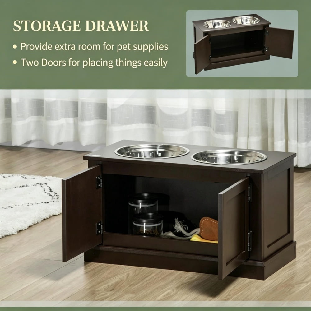 Elevated Dog Bowls with Storage Cabinet, Raised Pet Feeder Station with Removable Stainless Steel Bowls, Coffee MDF Feeding Stand for Large Dogs