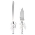 thumbnail image 2 of Juego de cuchillo y pala para pastel de boda, con cuchilla de acero inoxidable y mangos de cristal, decorado con cinta blanca, ideal para celebraciones nupciales. Incluye cuchillo y pala, perfecto, 2 of 6