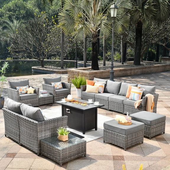 Vcatnet Patio Furniture Sets with 42" Fire Pit Table 13 Pieces Sectional Sofa All Weather PE Rattan Wicker Conversation Set with Ottoman for Porch, Backyard, Dark Gray
