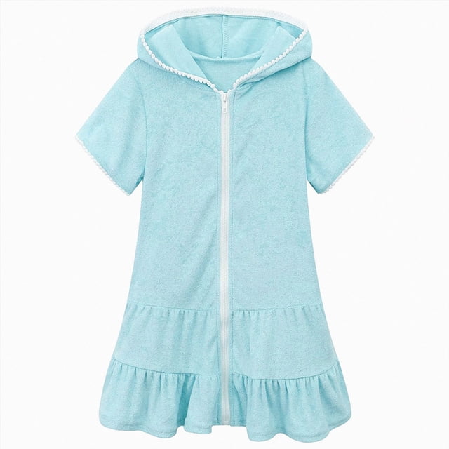 Zanarzt Robes pour Filles Robe Confortable pour Filles à Capuche à Manches Courtes Robe de Plage Cache-Maillot pour Filles Robes d'Été, Bleu Ciel, 6-7 Ans