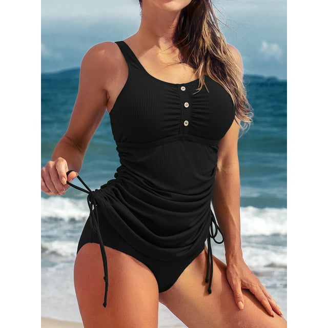 Charmo Ribbed Tankini Swimwear for Womens Side Adjustable Ruched Tummy Control Two Piece Swimsuits
