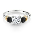 thumbnail image 2 of Gem Stone King 925 Sterling Silver and 10K Yellow Gold White Moissanite and Black Onyx 3 Stone Engagement Ring for Women (1.66 Cttw, Cushion Cut 6MM and 4MM, Available in Size 5, 6, 7, 8, 9), 2 of 4