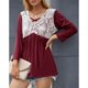 thumbnail image 2 of Top informal para mujer, manga larga, cuello en V, costura de encaje, diseño plisado, Top delicado y lindo de otoño para mujer, rojo vino L, 2 of 6