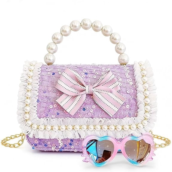 Toddler Purse for Girls With Pearl Bow and Sunglasses Kids Crossbody Bag, Princess Handbag, Birthday Gift(purple)