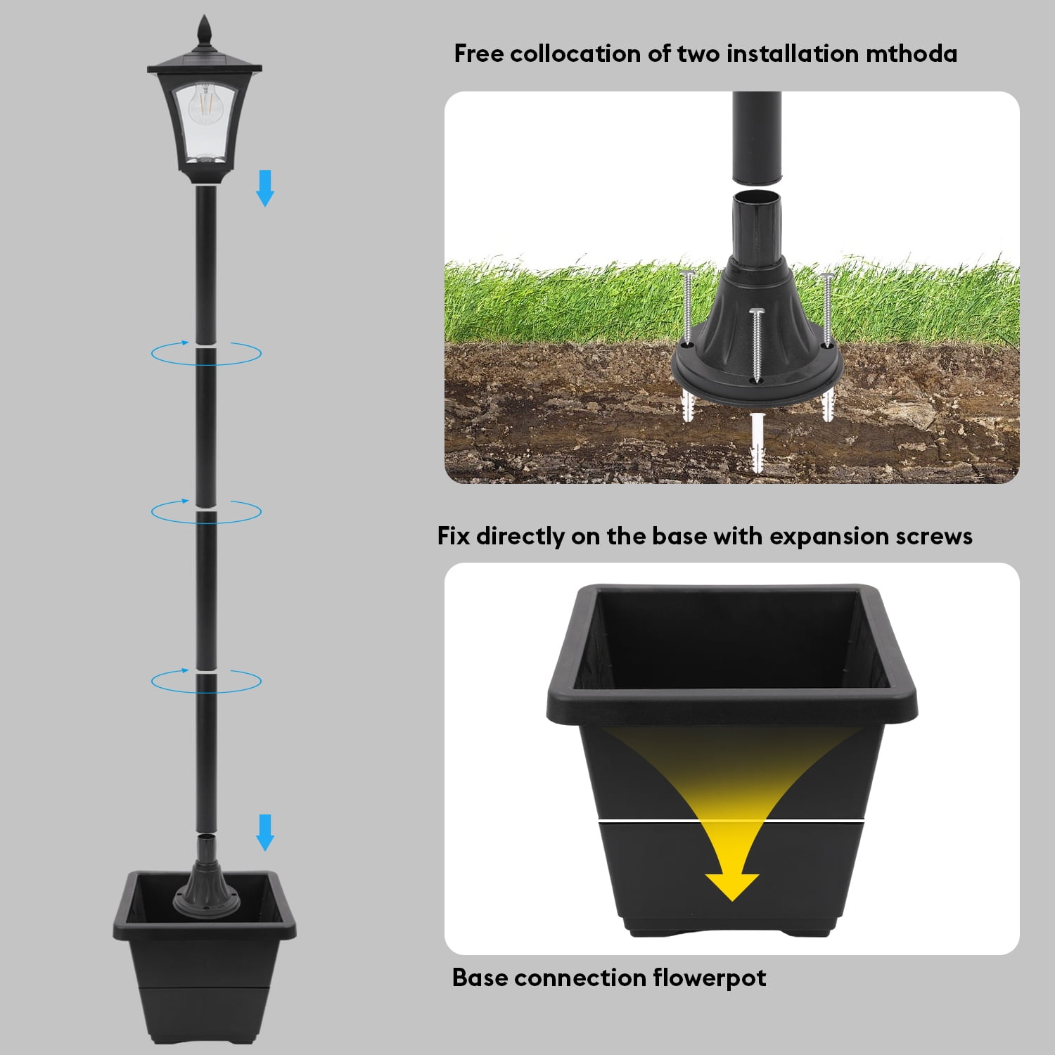 HOODINK Solar Lamp Post with Planter, IP 44 Waterproof Solar Garden Lights, 2000mah LED Planters Pots Outdoor for Pathway