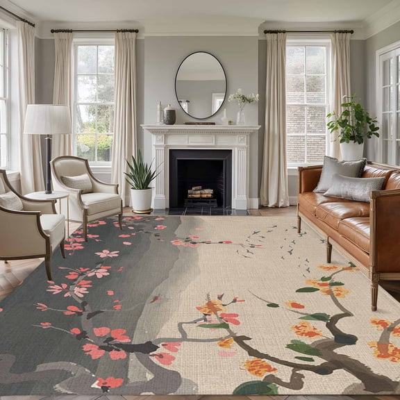 Chinese Ink Painting Area Rugs 8'x10', Washable Small Throw Rugs for Living Room Patio, Pink Peach Blossom Branches Indoor Outdoor Rug Non-Slip Low Pile Carpet Runner Reversible Floor Mats