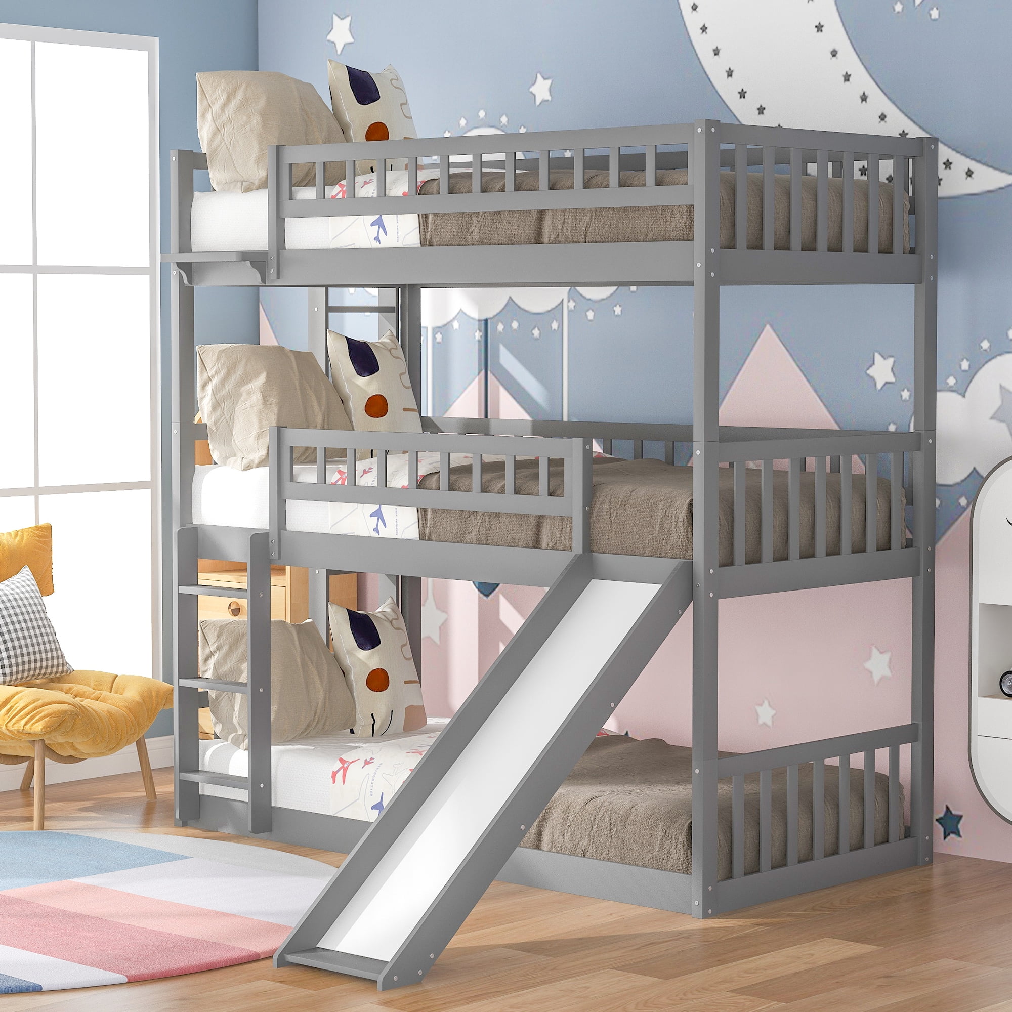 Classic Bunk Bed with Built-in Ladder and Slide, Triple Bunk Bed Twin, No  Box Spring Needed, Gray