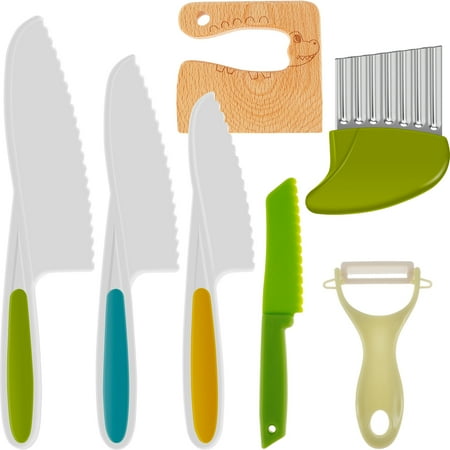 

Kids Cooking Cutter Set Safe Reusable Plastic Toddler Kitchen Cutter Set with Wooden Cutter Serrated Cutter Potato Crinkle Cutter Peeler for Cutting Fruit Vegetable Dessert