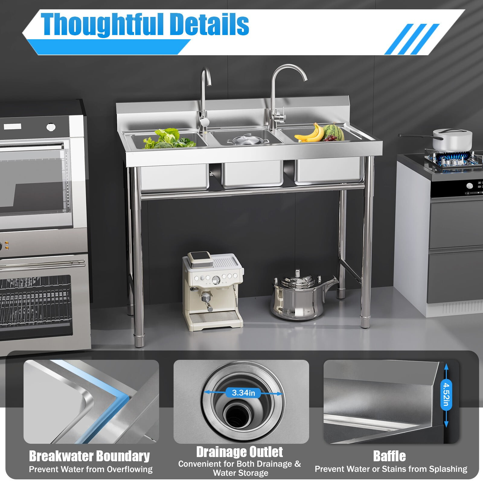 3 Compartment Commercial Kitchen Sink, 39 * 18 * 35.8in Stainless Steel Freestanding Utility Sink with 2 Hot & Cold Faucet Kitchen Prep & UtilitySink for Restaurant Bar Home Laundry Room Garage