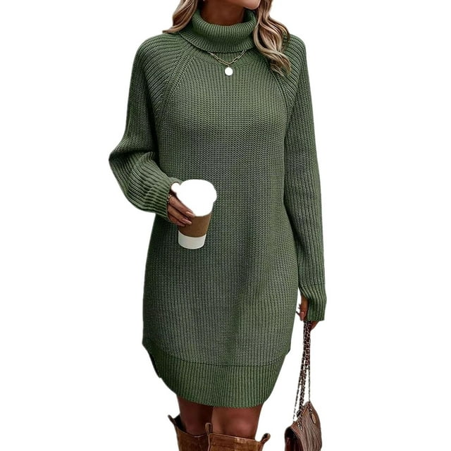 xiaxaixu Robe Mini d'Automne pour Femmes à Manches Longues Col Roulé Couleur Unie Robe Tricotée Robe Chandail Décontractée